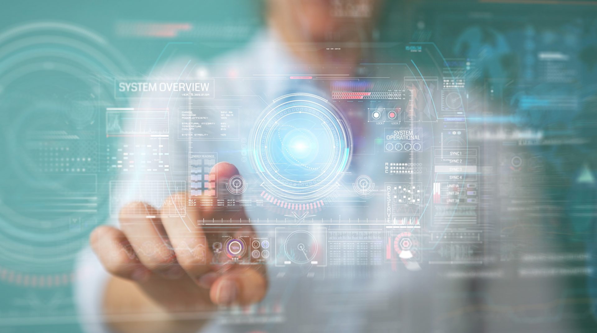 Woman on blurred background using digital technological interface with datas 3D rendering