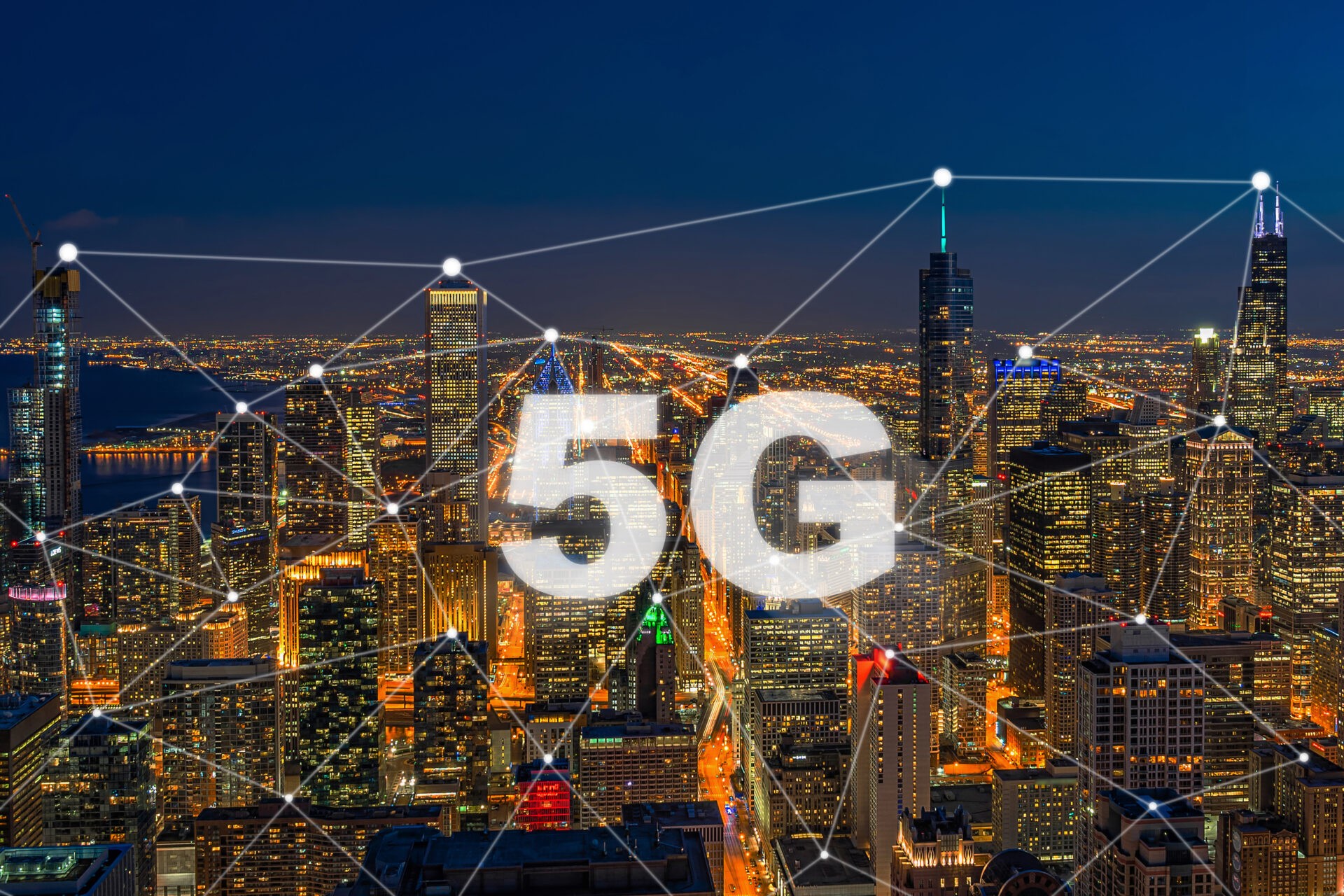 5G Connection Technology over Top view building of Chicago cityscape