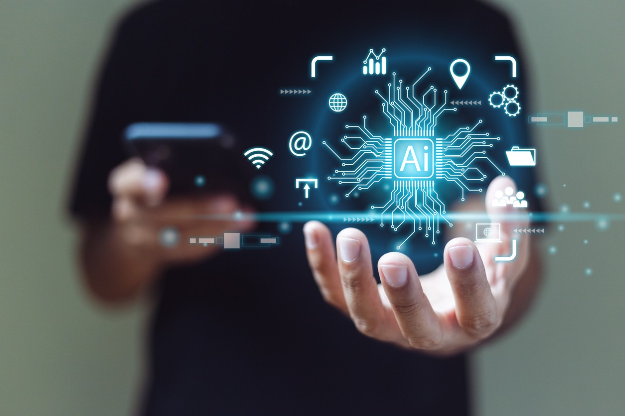 Man holding AI connection network data. business information development, technology digital future. software, innovation, internet, communication, application, transformation.