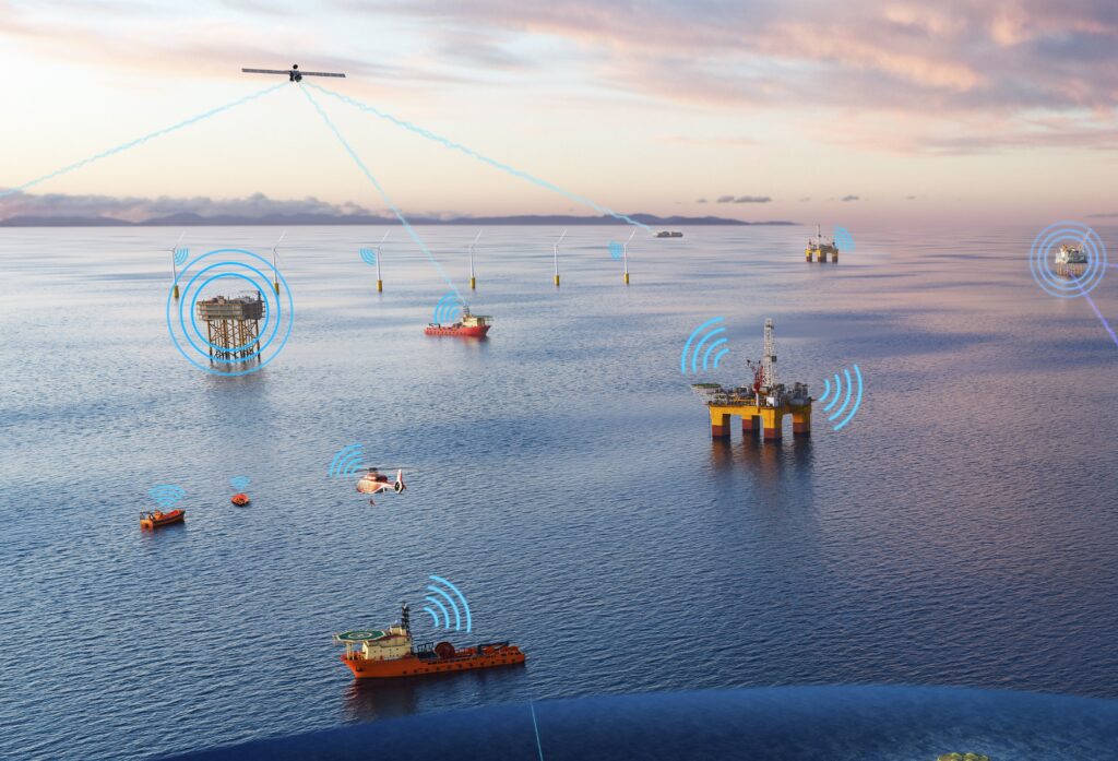 Connectivity through vessels, platforms, rigs, boats and satellites offshore